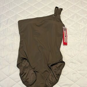 Spanx on shoulder olive green swim suit one piece 16